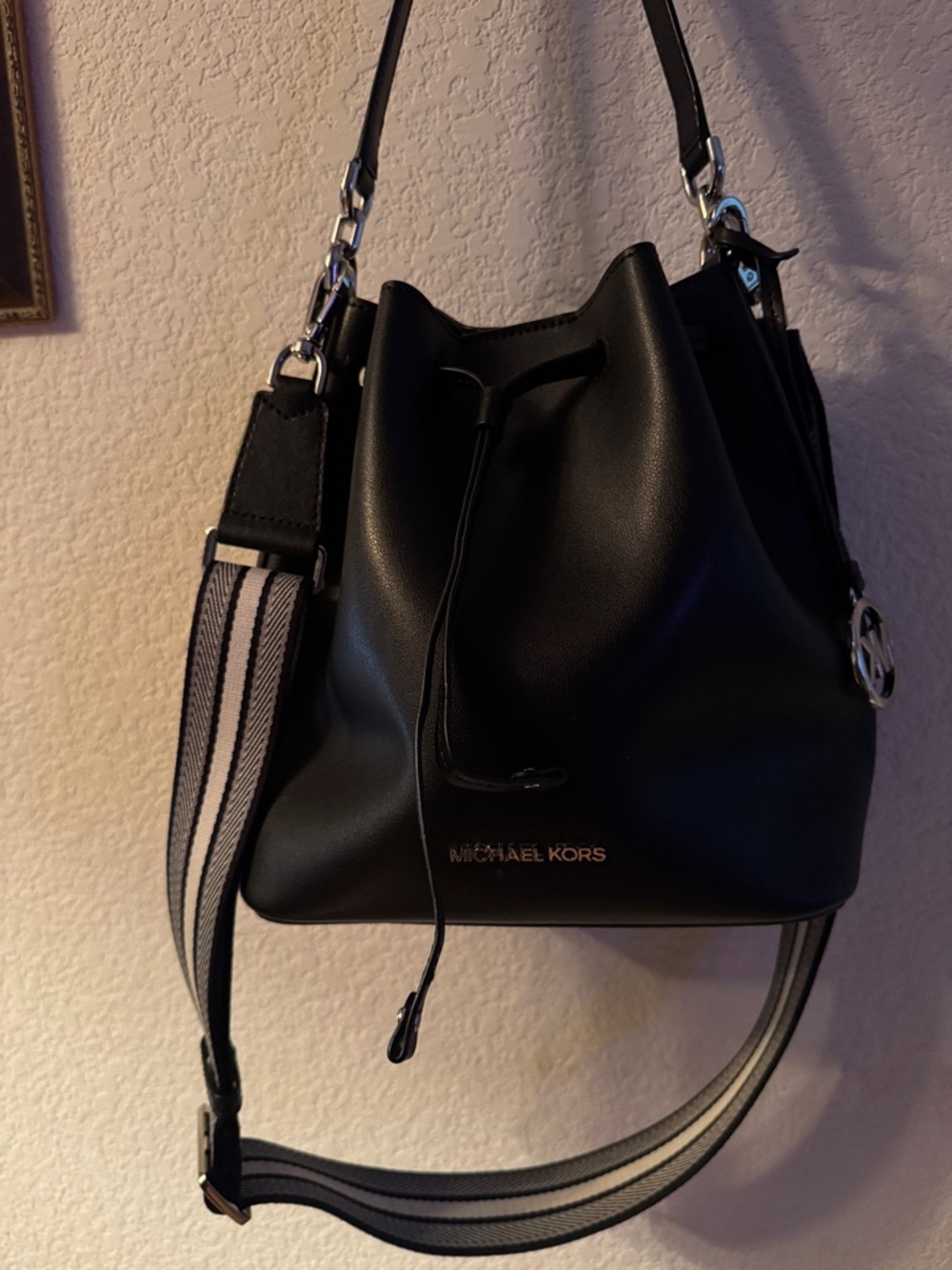 Michael Kors Black Leather Bucket Shoulder Bag with Striped Strap